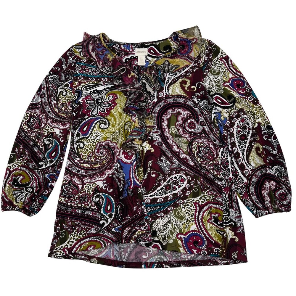 Chicos Women's Petite Small O Paisley Print Ruffle‎ Blouse Multicolor 3/4 Sleeve